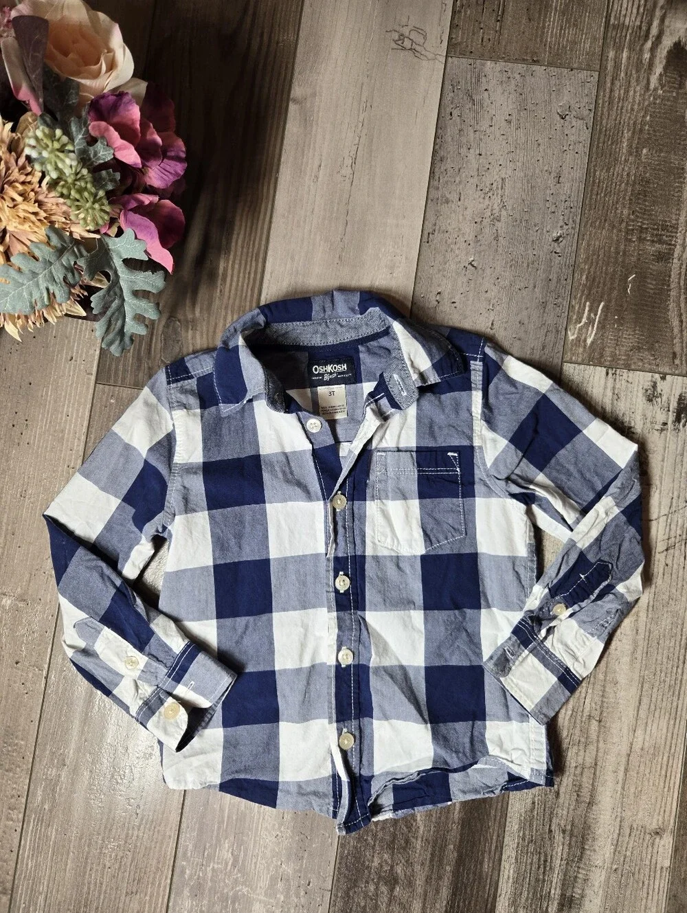 OshKosh B’gosh Boys Blue Buffalo Check Button-Up Shirt – Size 3T